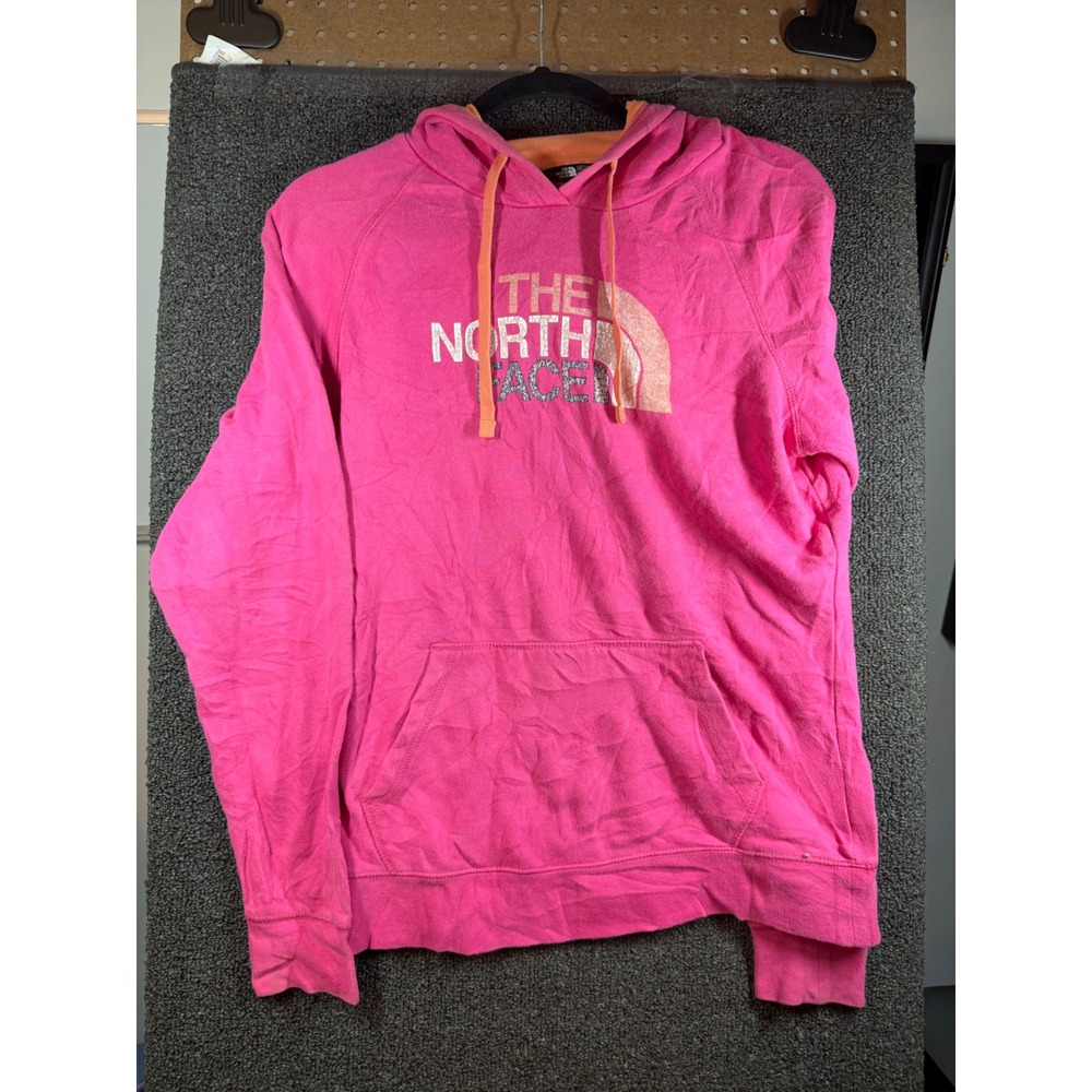 The North Face Hoodie Womens Medium Pink Glitter Logo Pullover Sweatshirt